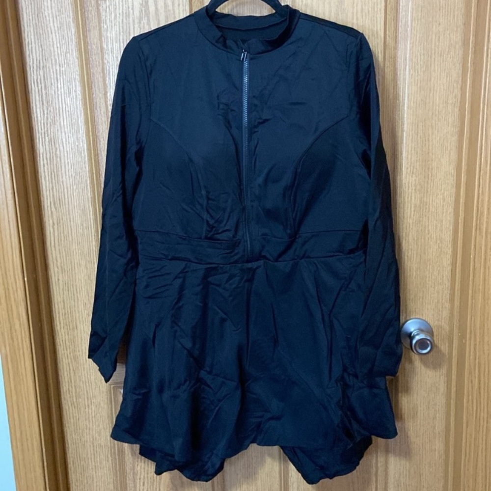 New Plus Size 20 Black Modest Long Sleeve Zip one piece Swimsuits For all swim